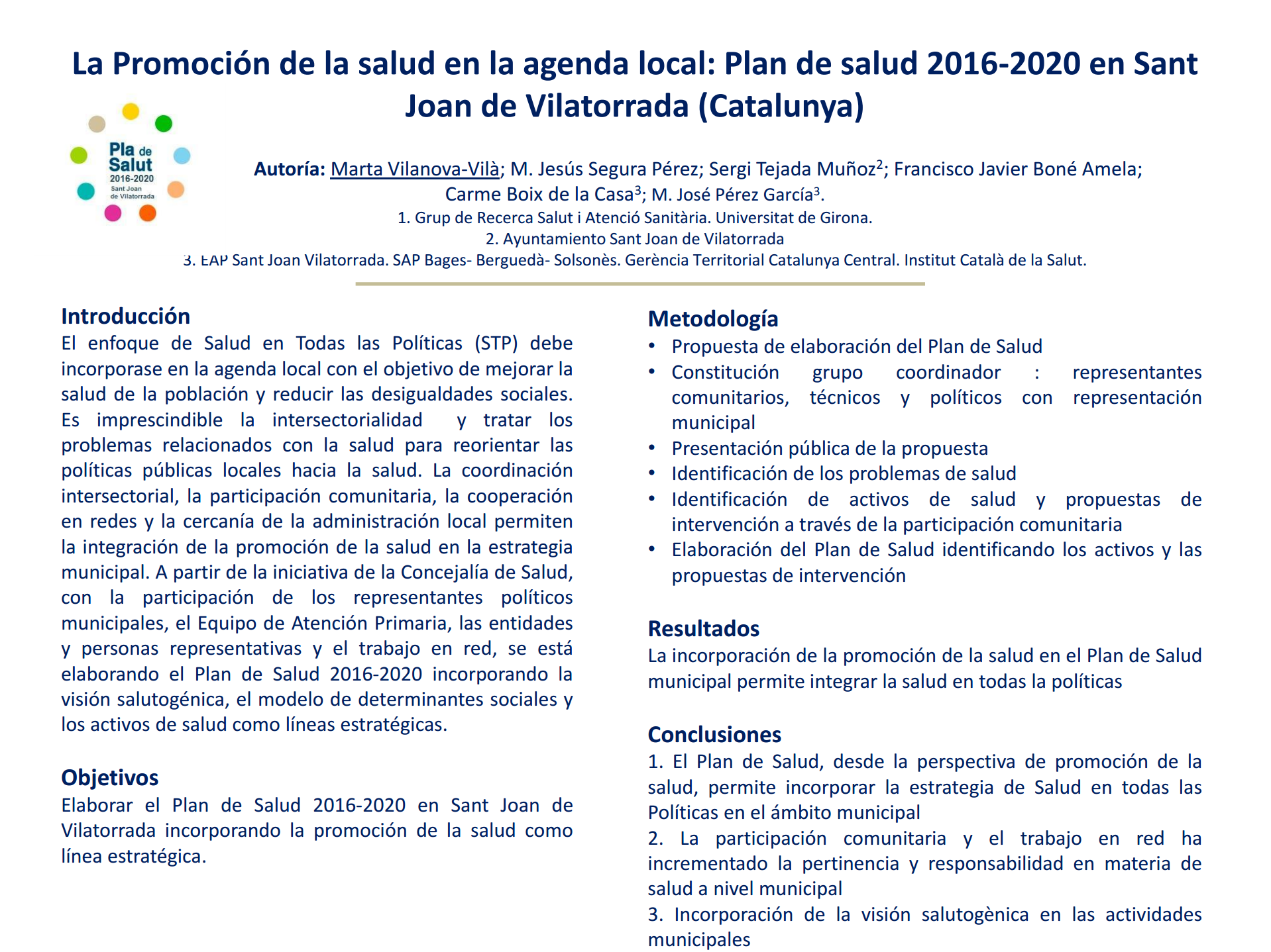 La Promoción de la salud en la agenda local: Plan de salud 2016-2020 en Sant Joan de Vilatorrada (Cataluña)